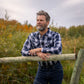 Men's long-sleeve western shirt. Plaid pattern. Pearl snaps.