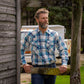 Men's long-sleeve western shirt. Plaid pattern. Pearl snaps.