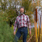 Men's long-sleeve western shirt. Plaid pattern. Pearl snaps.