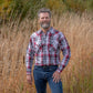 Men's long-sleeve western shirt. Plaid pattern. Pearl snaps.