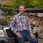 Men's short-sleeve western shirt. Plaid pattern. Pearl snaps.