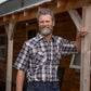 Men's short-sleeve western shirt. Plaid pattern. Pearl snaps.