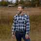 Men's long-sleeve western shirt. Plaid pattern. Pearl snaps.