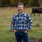 Men's long-sleeve western shirt. Plaid pattern. Pearl snaps.