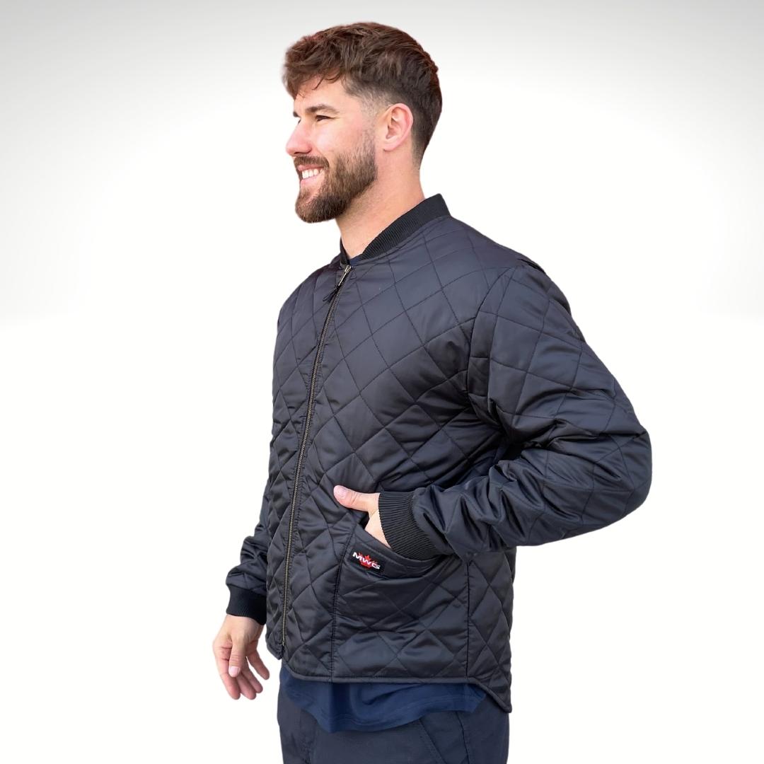 MWG Ripstop Black Freezer Jacket. Freezer Jacket has a brass zipper, two front pockets and ribbed cuffs & collar.