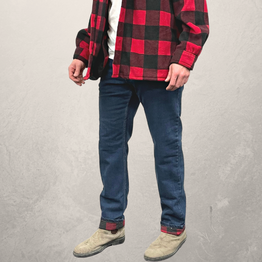 MWG Premium Flannel Lined Stretch Jean. Flannel Lined Jeans are navy with a buffalo plaid flannel lining. 
