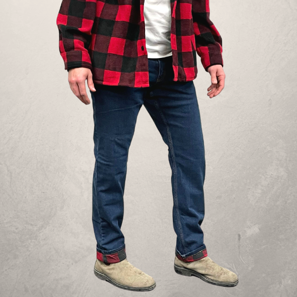 MWG Premium Flannel Lined Stretch Jean. Flannel Lined Jeans are navy with a buffalo plaid flannel lining. 