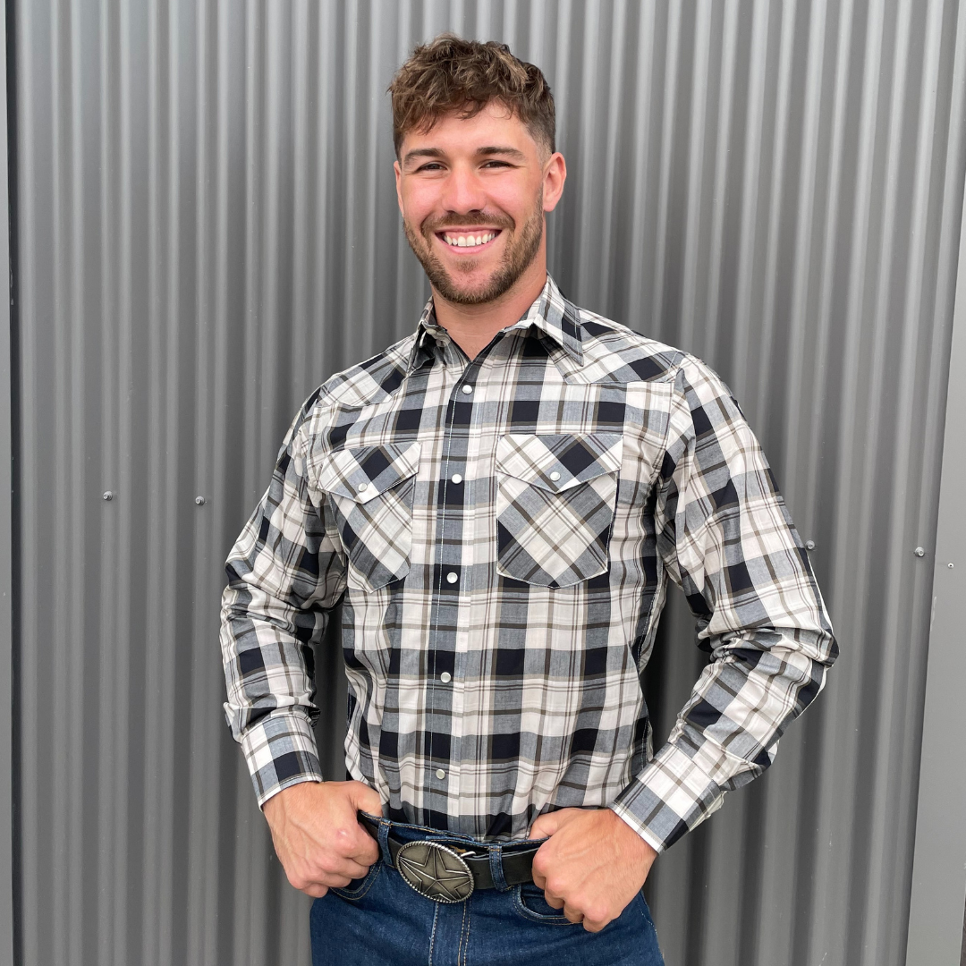 Men's long-sleeve plaid western shirt. Western shirt is white, black and gold with pearl snaps.