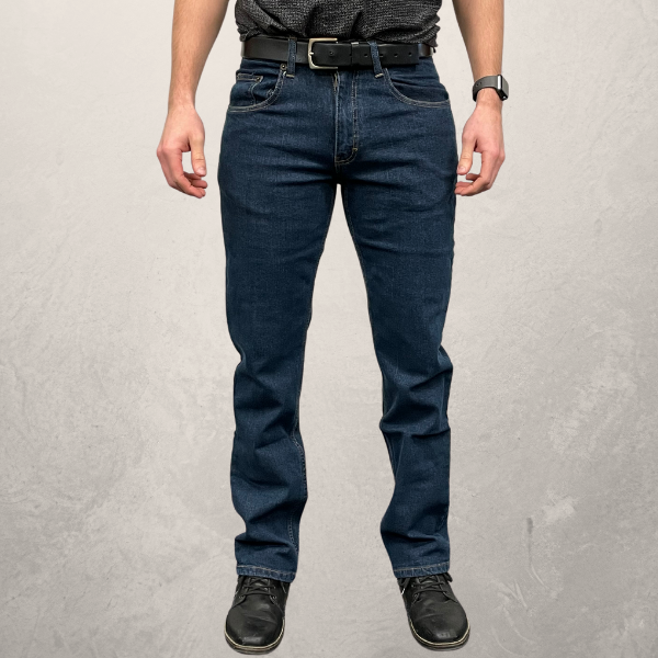 MWG Premium Storm Rider denim jean. Stretch jeans are navy with gold stitching and a relaxed fit.