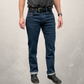 MWG Premium Storm Rider denim jean. Stretch jeans are navy with gold stitching and a relaxed fit.