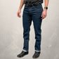 MWG Premium Storm Rider denim jean. Stretch jeans are navy with gold stitching and a relaxed fit.