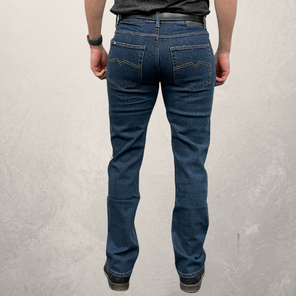MWG Premium Storm Rider denim jean. Stretch jeans are navy with gold stitching and a relaxed fit.