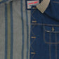 Men's lined Storm Rider Denim Jacket. Men's jean jacket is navy with a tan corduroy collar. Men's Storm Rider jacket has a grey flannel lining and gold stitching.