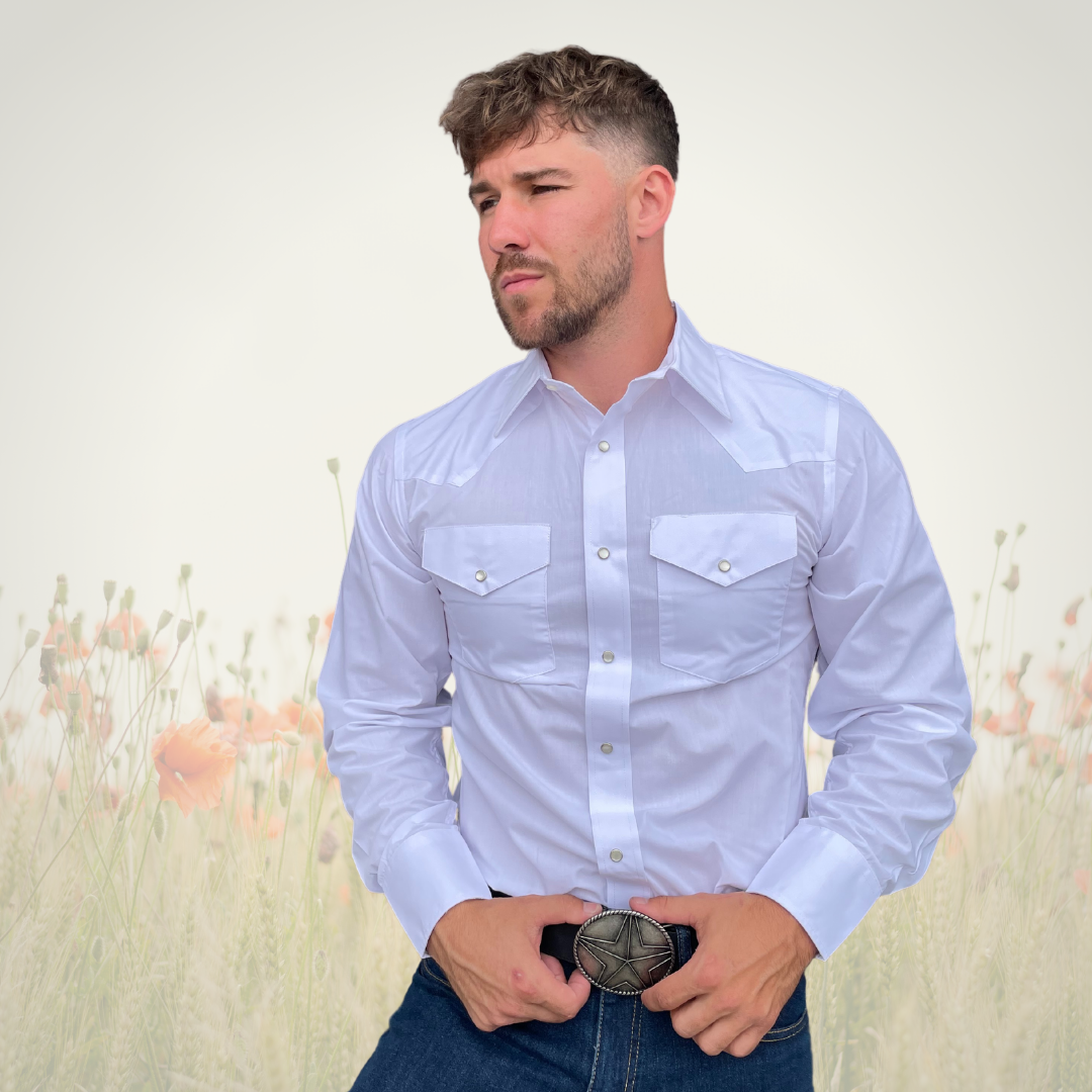 Men's long-sleeve western shirt. Western is white with two front pockets and pearl snap buttons.